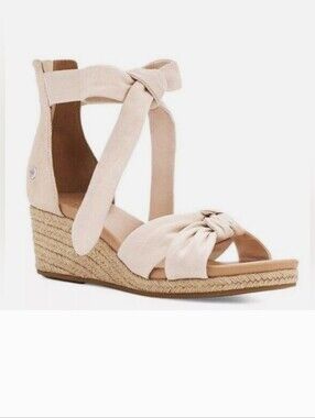 UGG Yarrow Wedge Espadrille Sandals Size 7 Cream Ankle Tie Back Zipper Open Toe